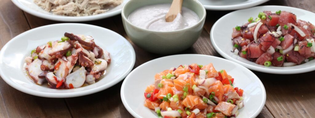 An array of Hawaiian-style Poke. From Tuna to Tako 